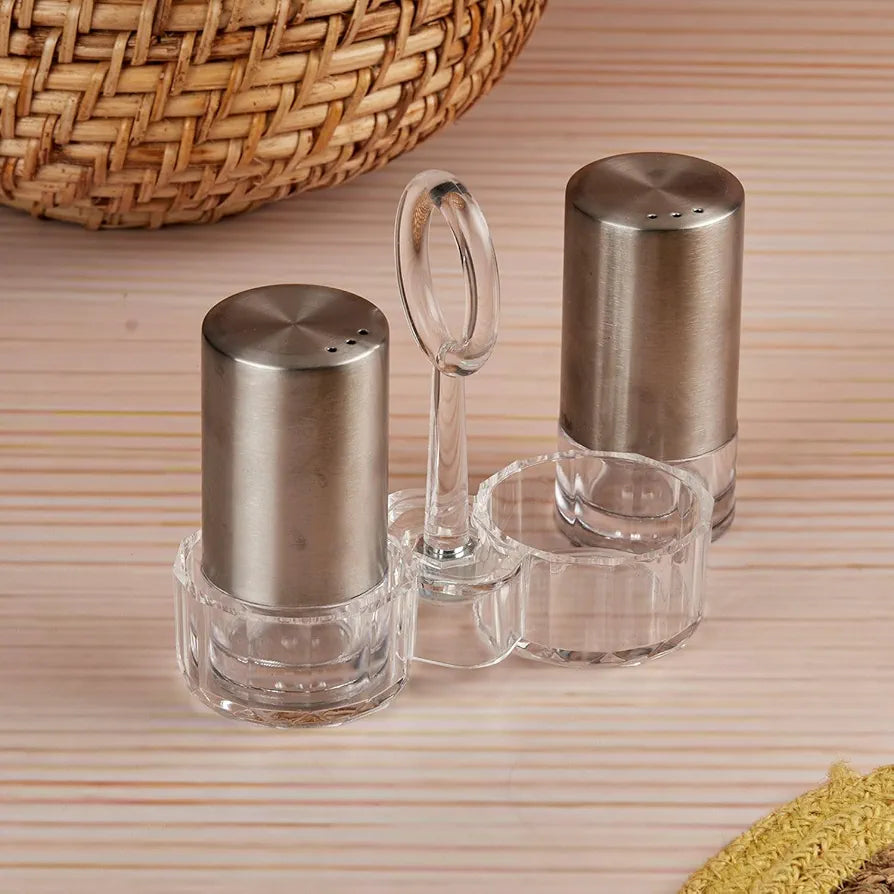 Stainless Steel Salt and Pepper Shakers With Acrylic Stand