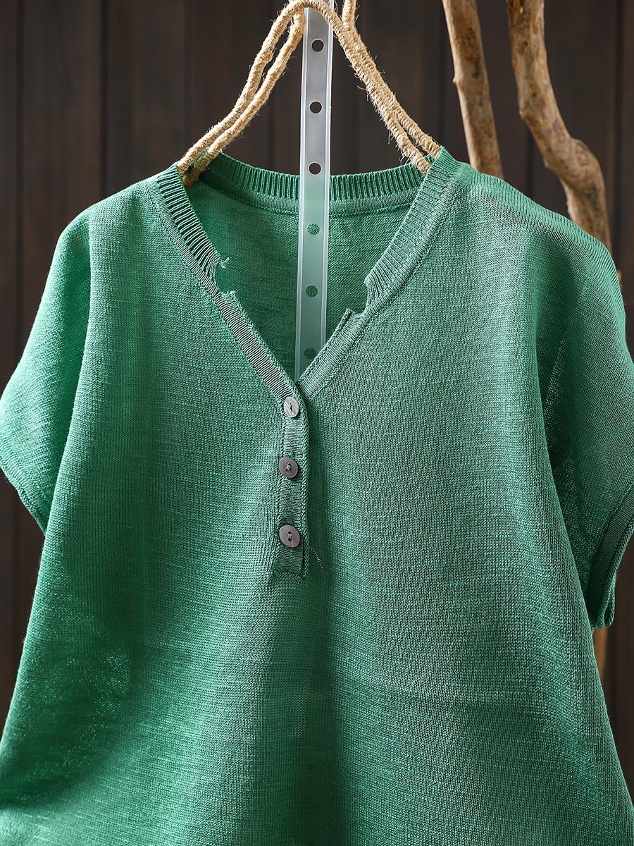 Women Summer Casual Pure Color Knitted V-Neck Shirt