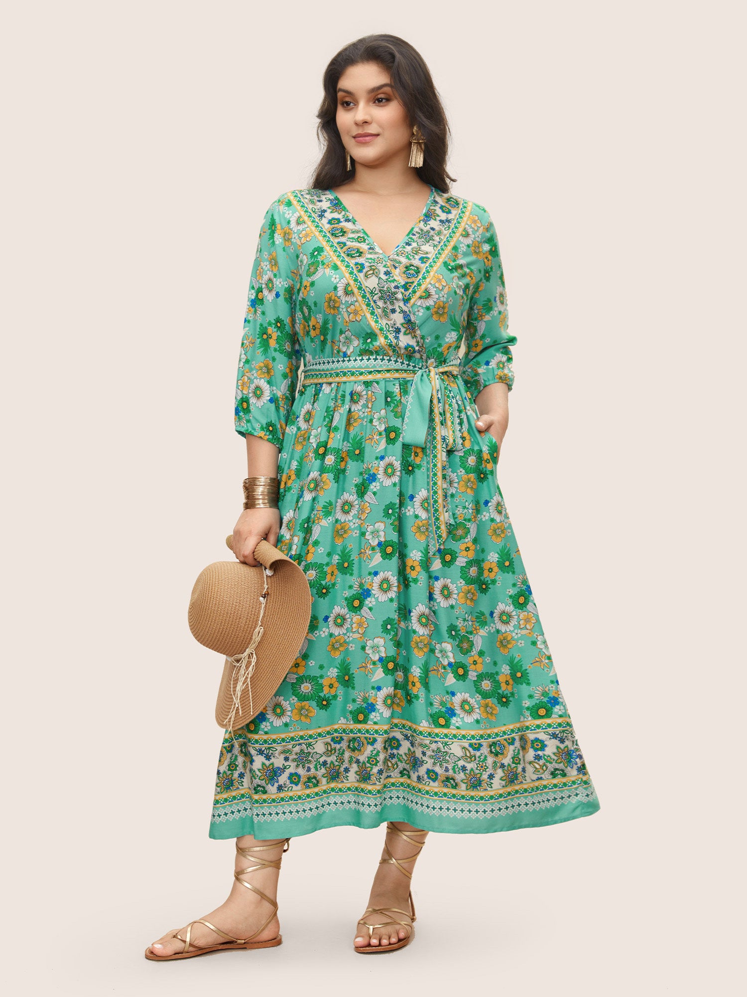 Bandana Print Surplice Neck Lantern Sleeve Dress