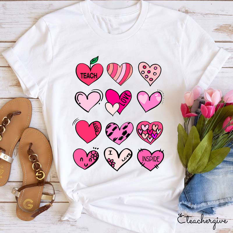 Cartoon Hearts Teach Love Inspire Teacher T-Shirt