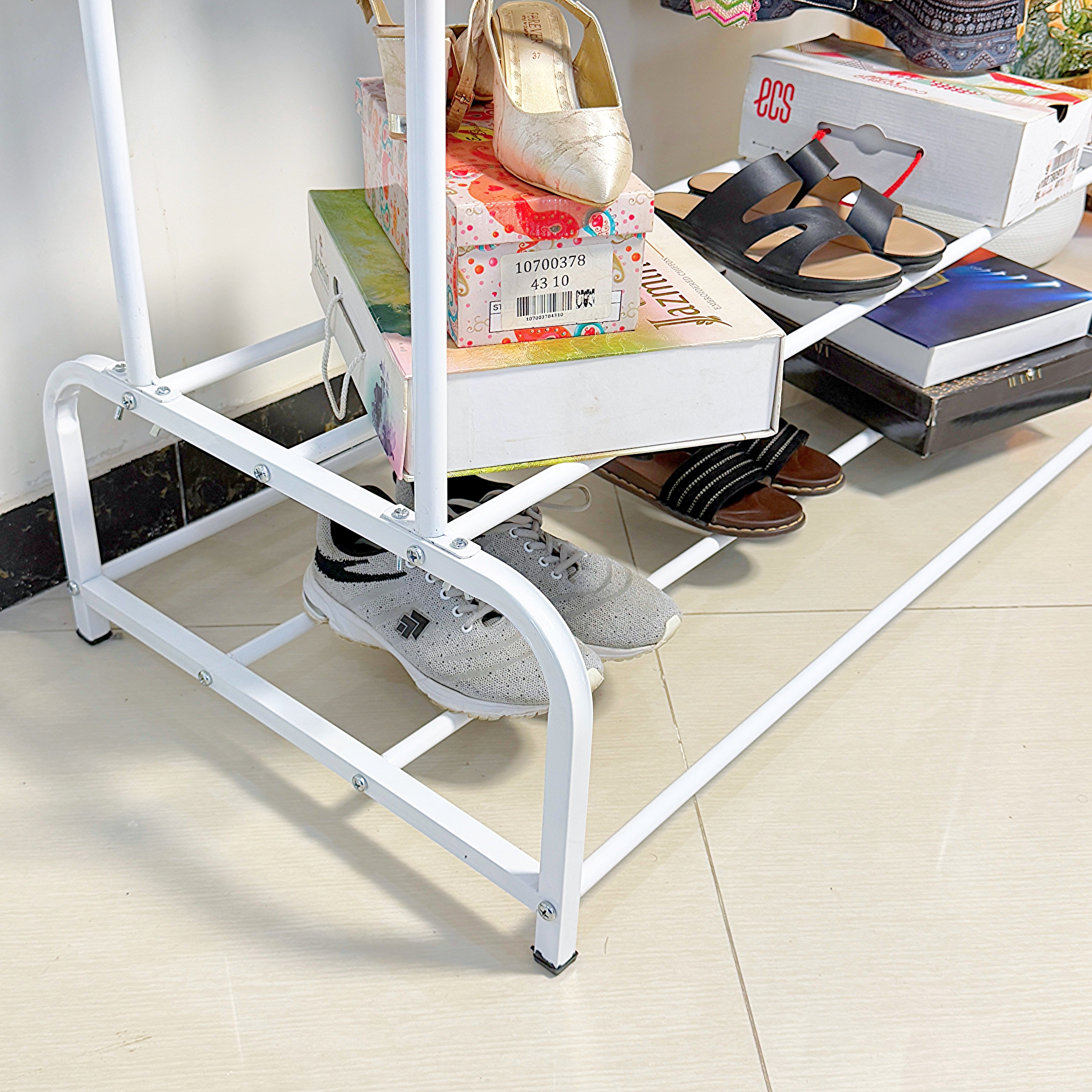 Dual Pole Metal Clothes Stand by Matrix (C) – With Dual Shoe Tiers & Side Hooks