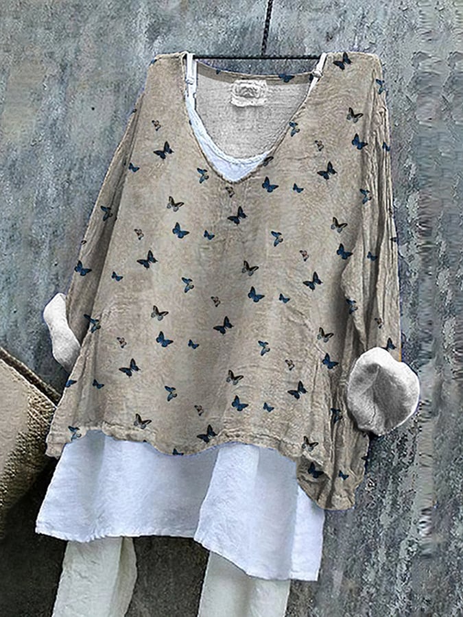 Women's Retro Style Loose Versatile Butterfly Printed Long -Sleeved T -Shirt