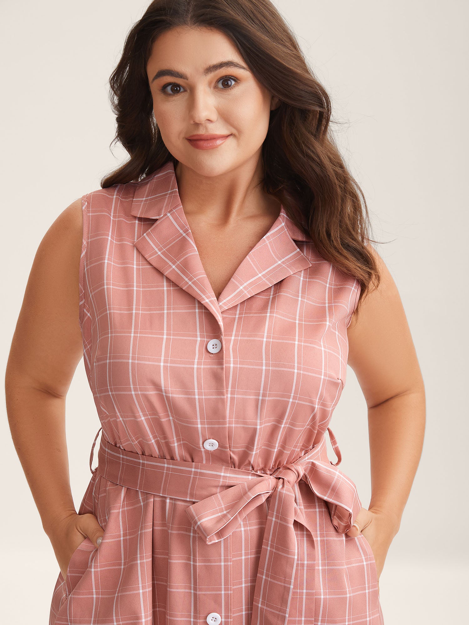 Plaid Belted Pockets Shirt Dress