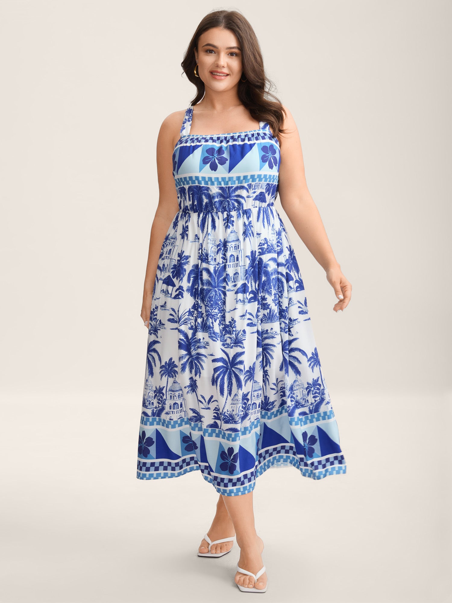 Garden Print Stretchy Waist Pockets Midi Dress