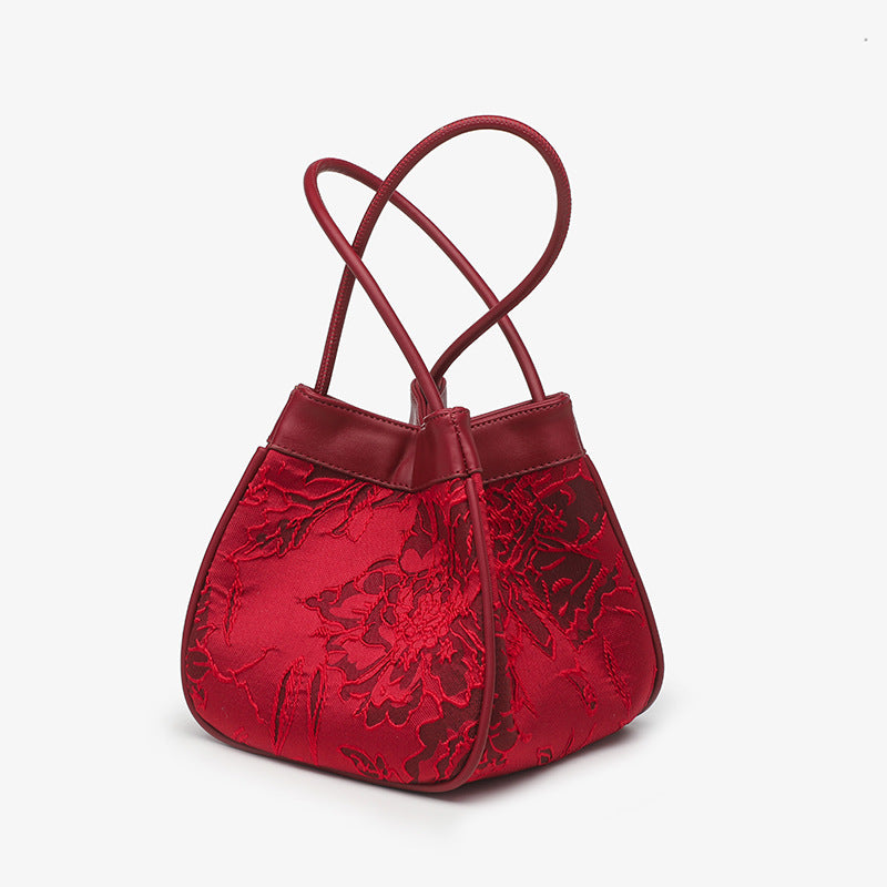 Bridal Red Embroidered  Bucket Bag with Vegetable Basket Design