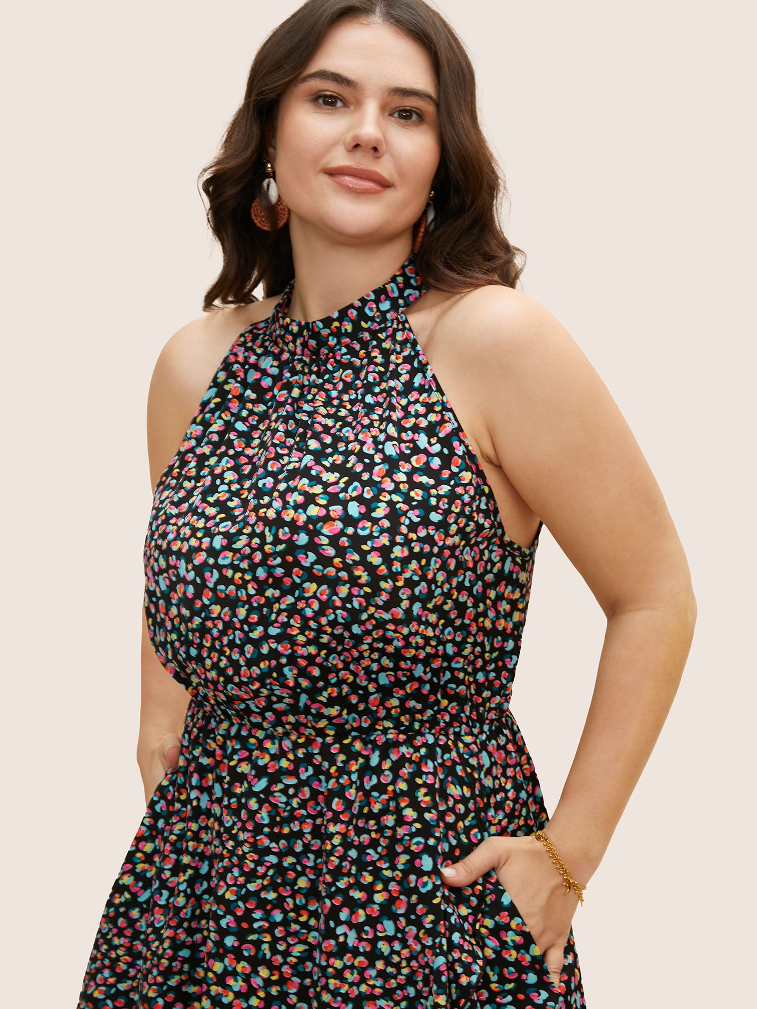 Allover Print Halter Neck Wrap Hem Dress