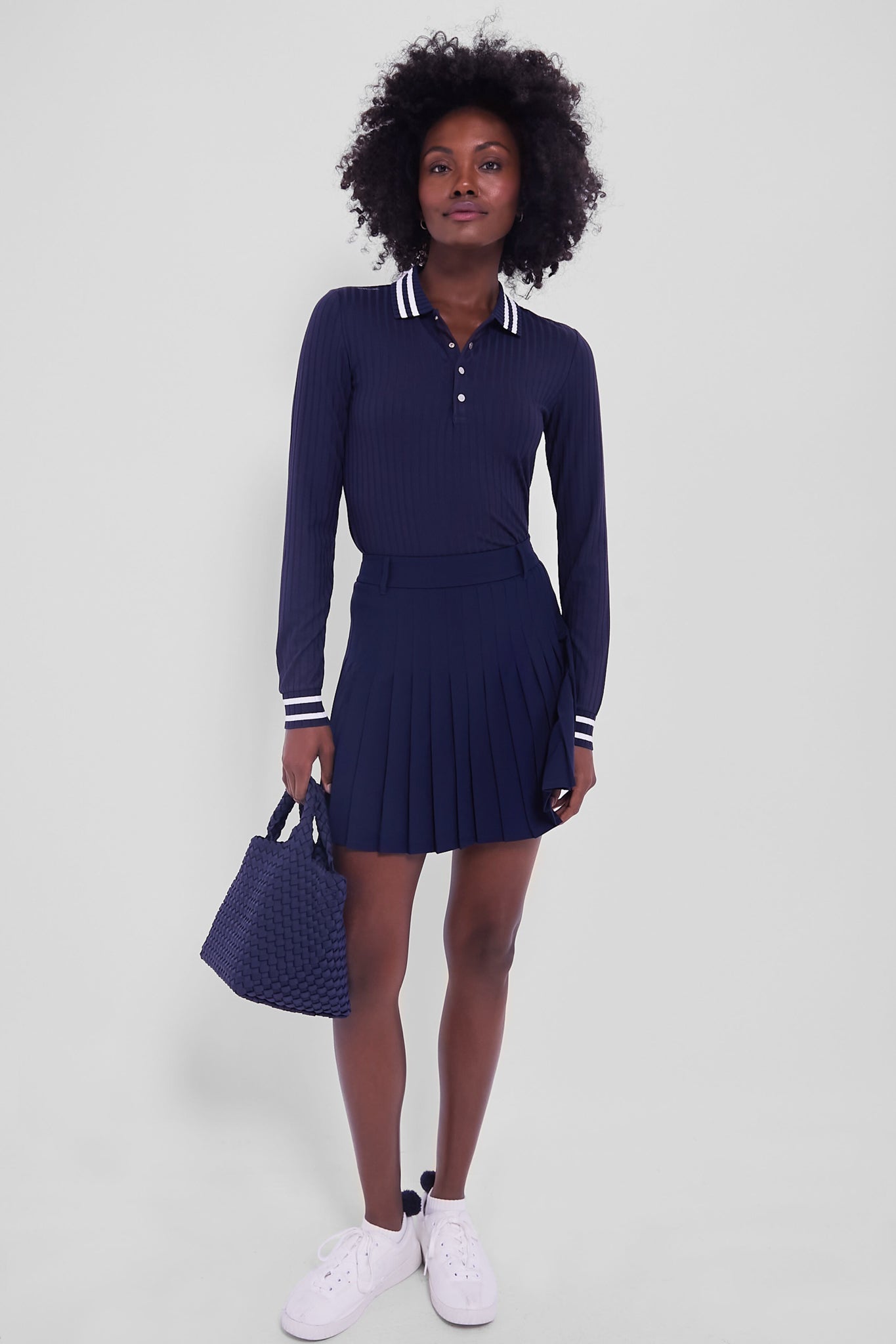 Refined Navy 4 Way Stretch 15 Inch High Waisted Pleated Skort
