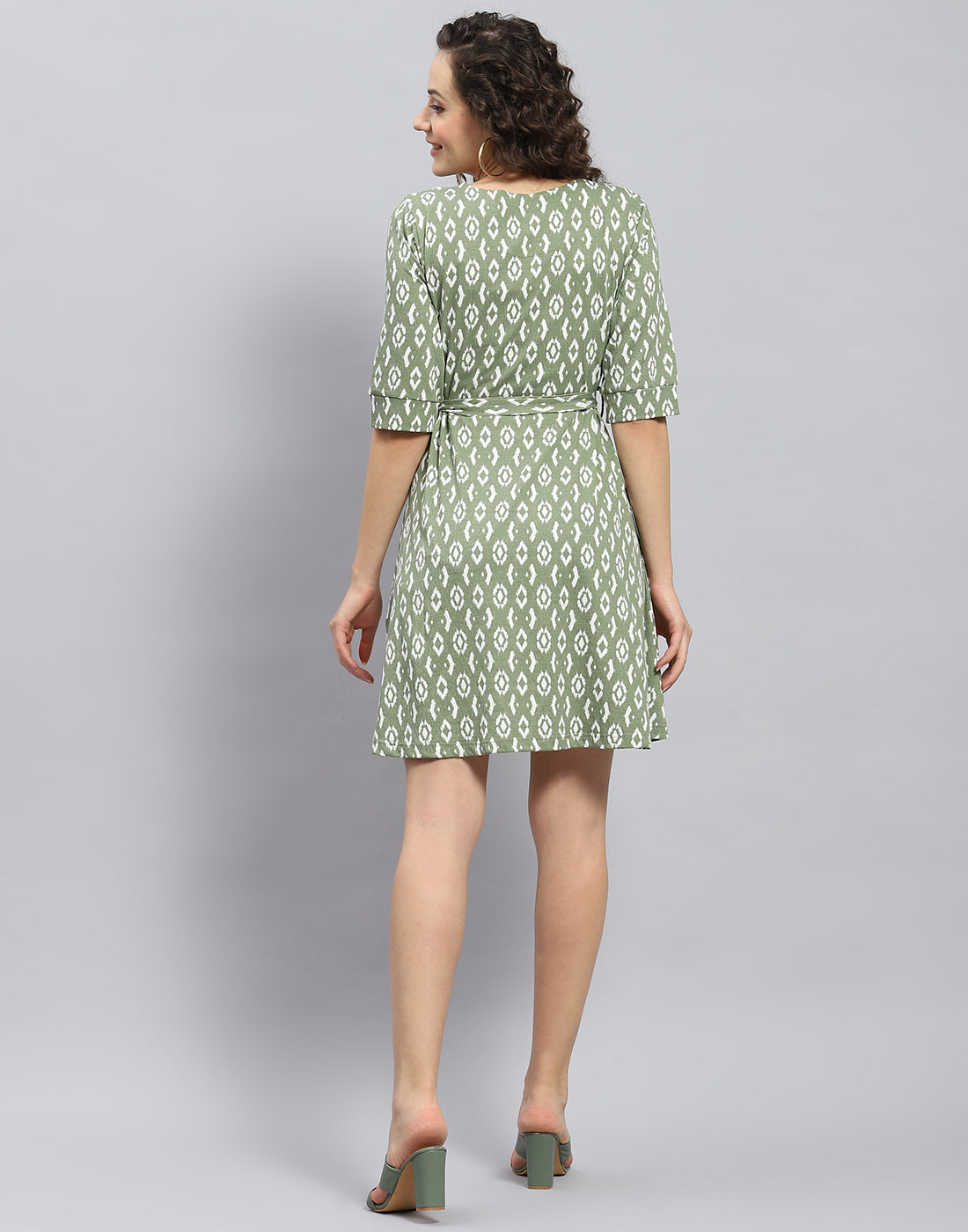 Women Green Printed Round Neck Short Sleeve Dress