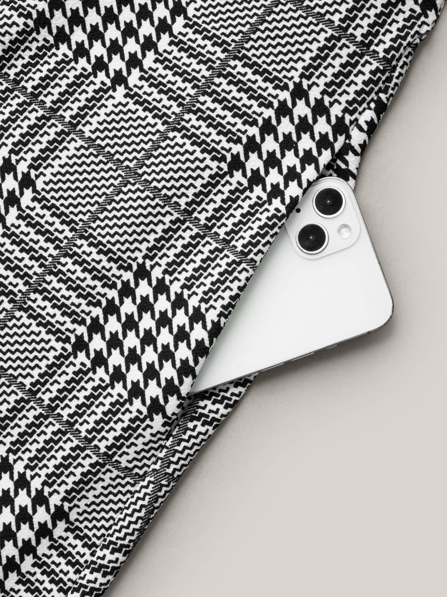 Houndstooth Print Waist-Cinched Patchwork Midi Dress