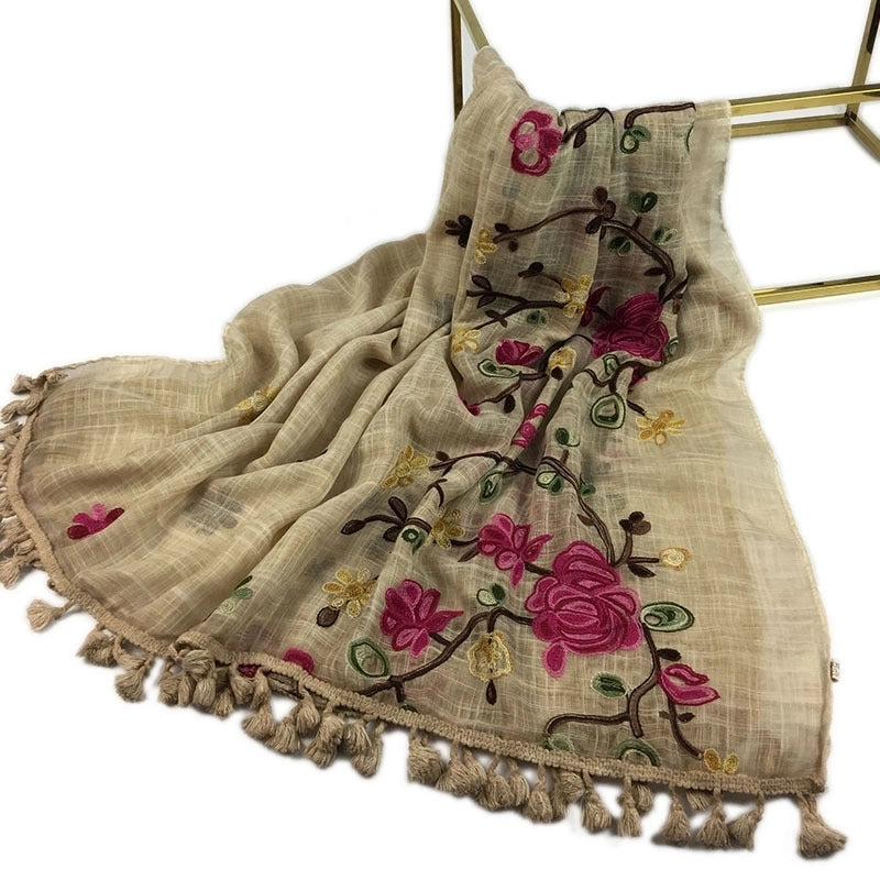 Women's Minimalist Leaves Solid Color Flower Cotton And Linen Embroidery Tassel Scarf Shawl