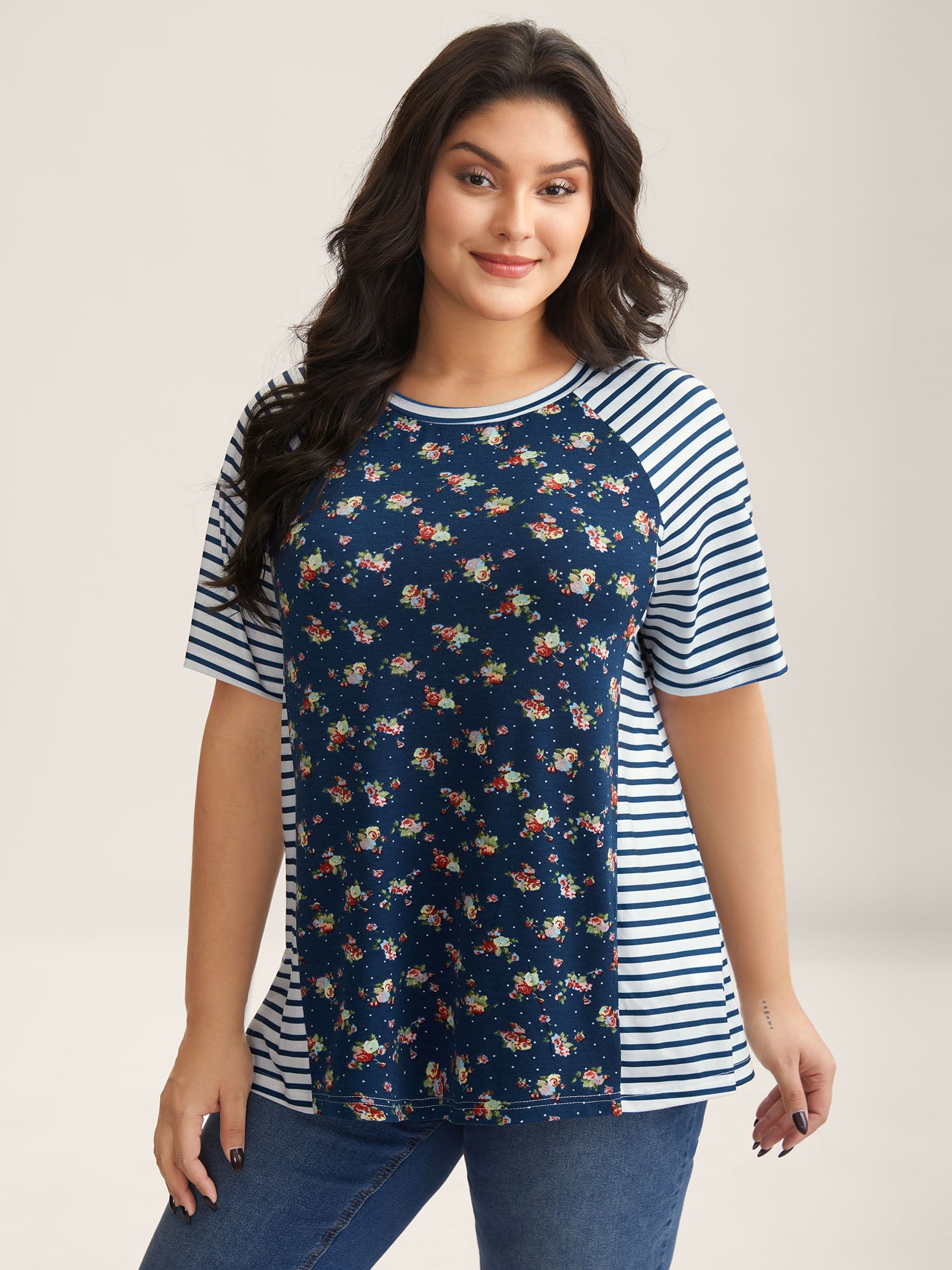 Floral Stripes Raglan Sleeve T-Shirt