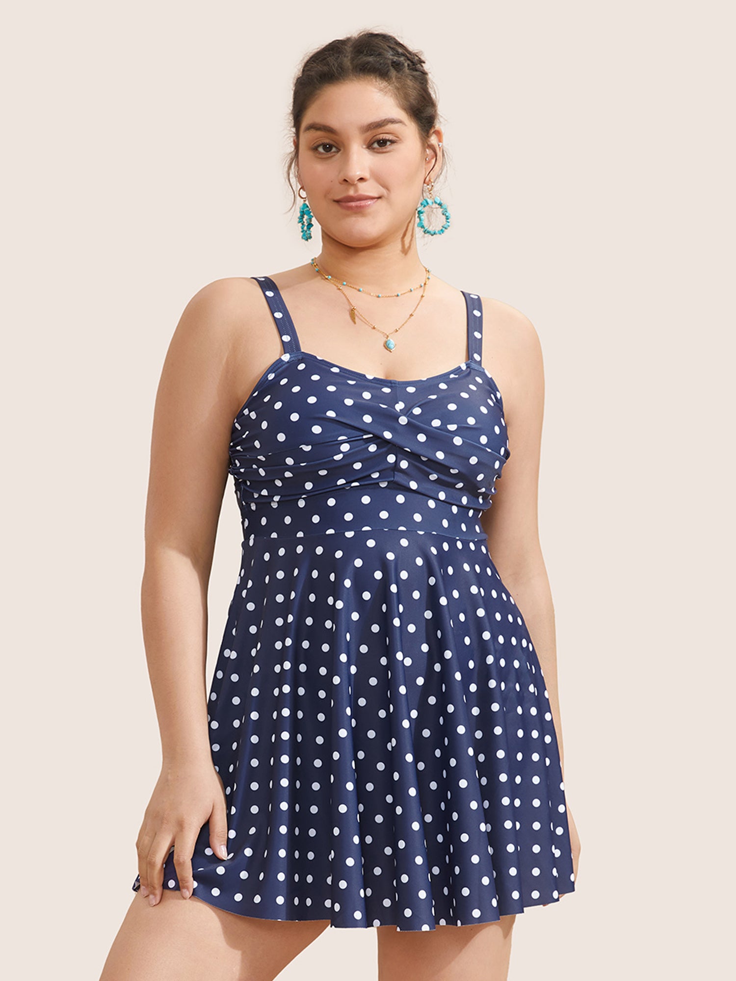 Polka Dot Crossover Ruched Flutter Hem Swim Dress