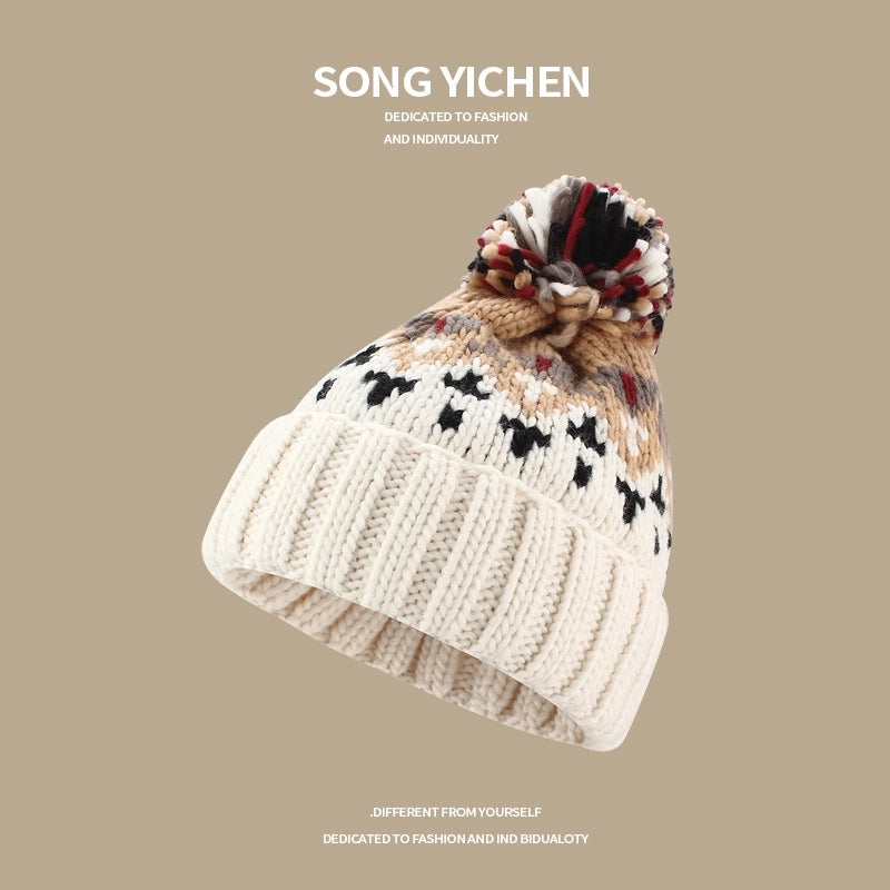 Warm Blue Knitted Hat Female Fashion Brand Colorful Fur Ball Christmas Hat Autumn And Winter Ear Protection Wool Hat