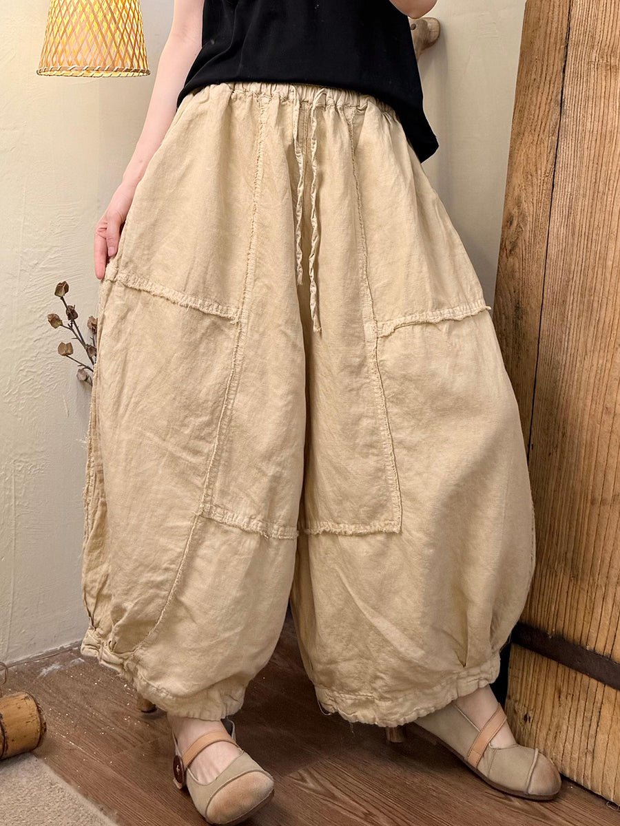 Women Summer Retro Pure Color Linen Spliced Bloomers