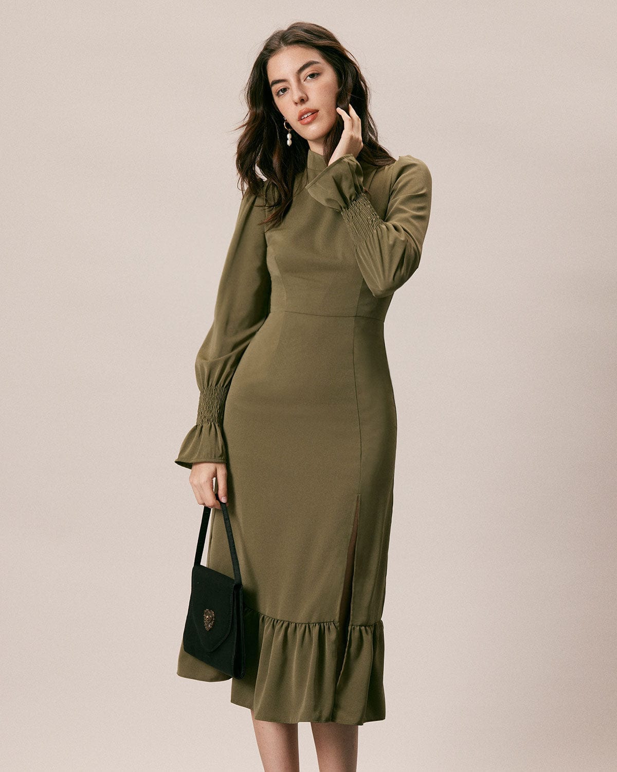 The Army Green Mock Neck Ruffle Midi Dress