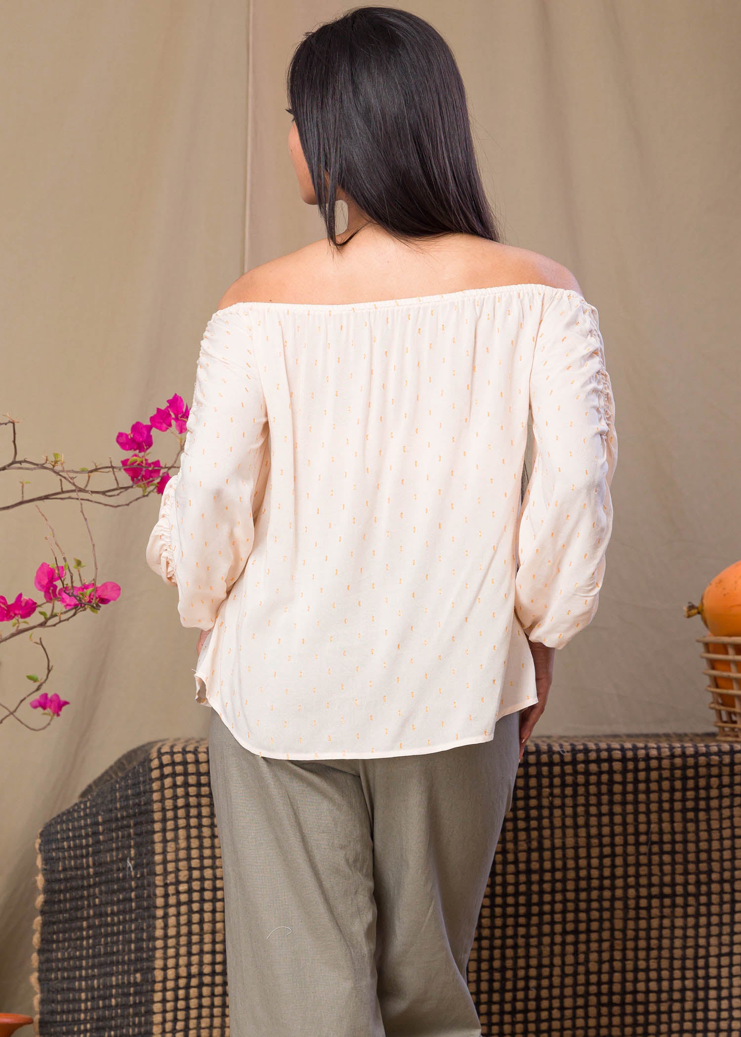 Off Shoulder Ruched Sleeve Blouse