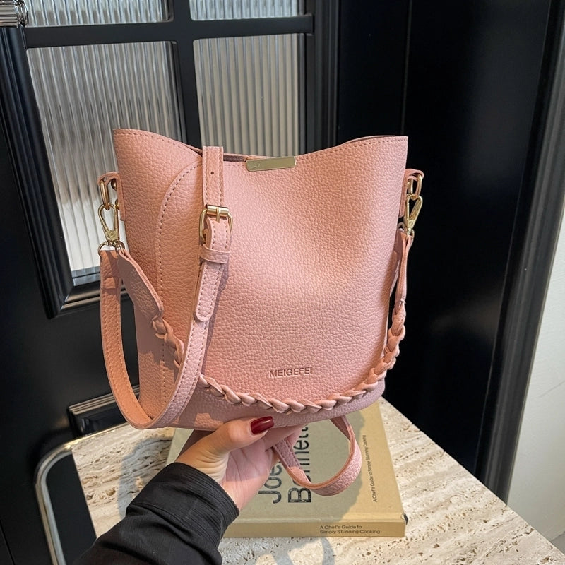 Women's Medium Pu Leather Solid Color Classic Style Sewing Thread Magnetic Buckle Bucket Bag