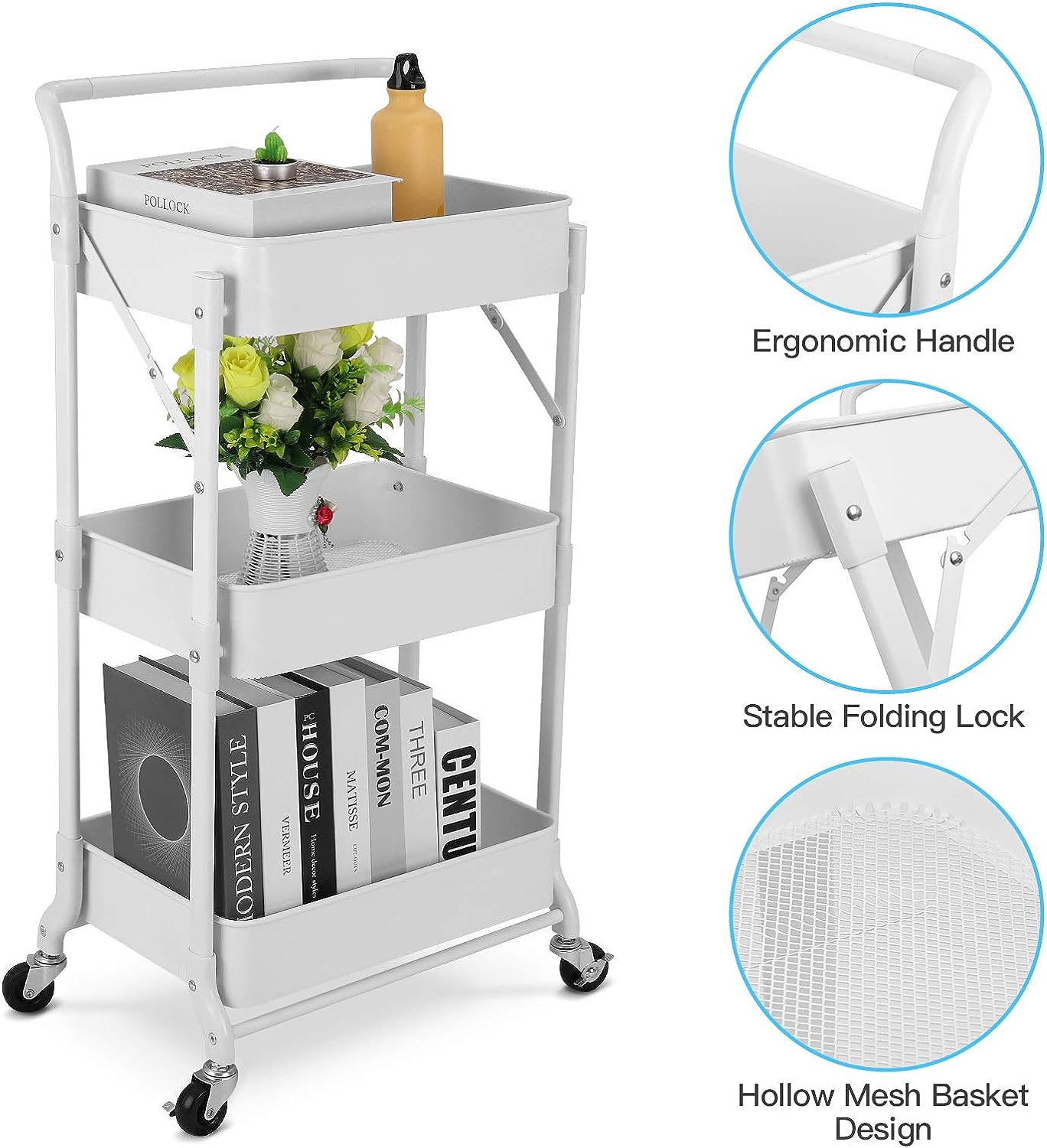 Foldable 3 Tier Metal Utility Rolling Cart. Folding Mobile Multi-Function Storage Trolley Organizer Cart (White)