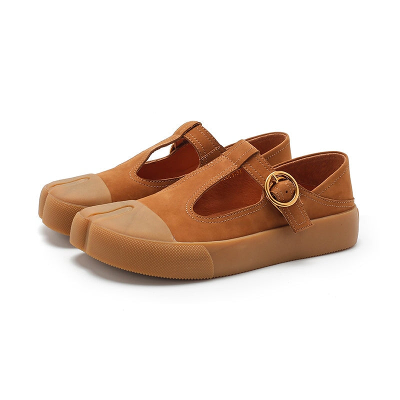 Retro Leather Flat T Strap Mary Jane Shoes For Women Round Toe Khaki/Brown/Yellow/Cameo Brown
