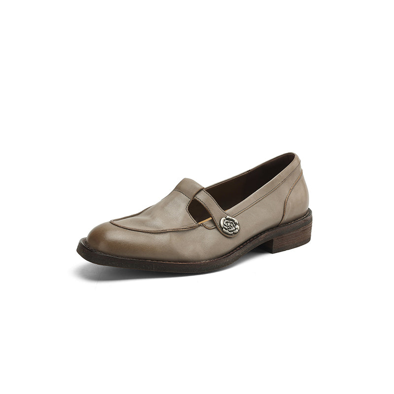 Vintage French-Style Mary Jane Leather Shoes with Metal Camellia Detail in Black/Coffee/Grey