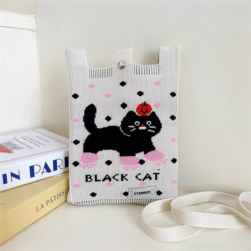 Women's Small Knit Cartoon Cute Bucket Lock Clasp Phone Wallets
