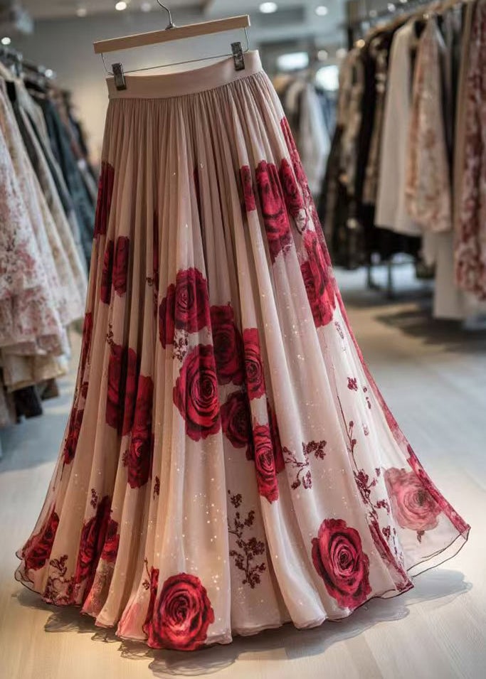 New Pink Print Wrinkled Chiffon Skirt Summer