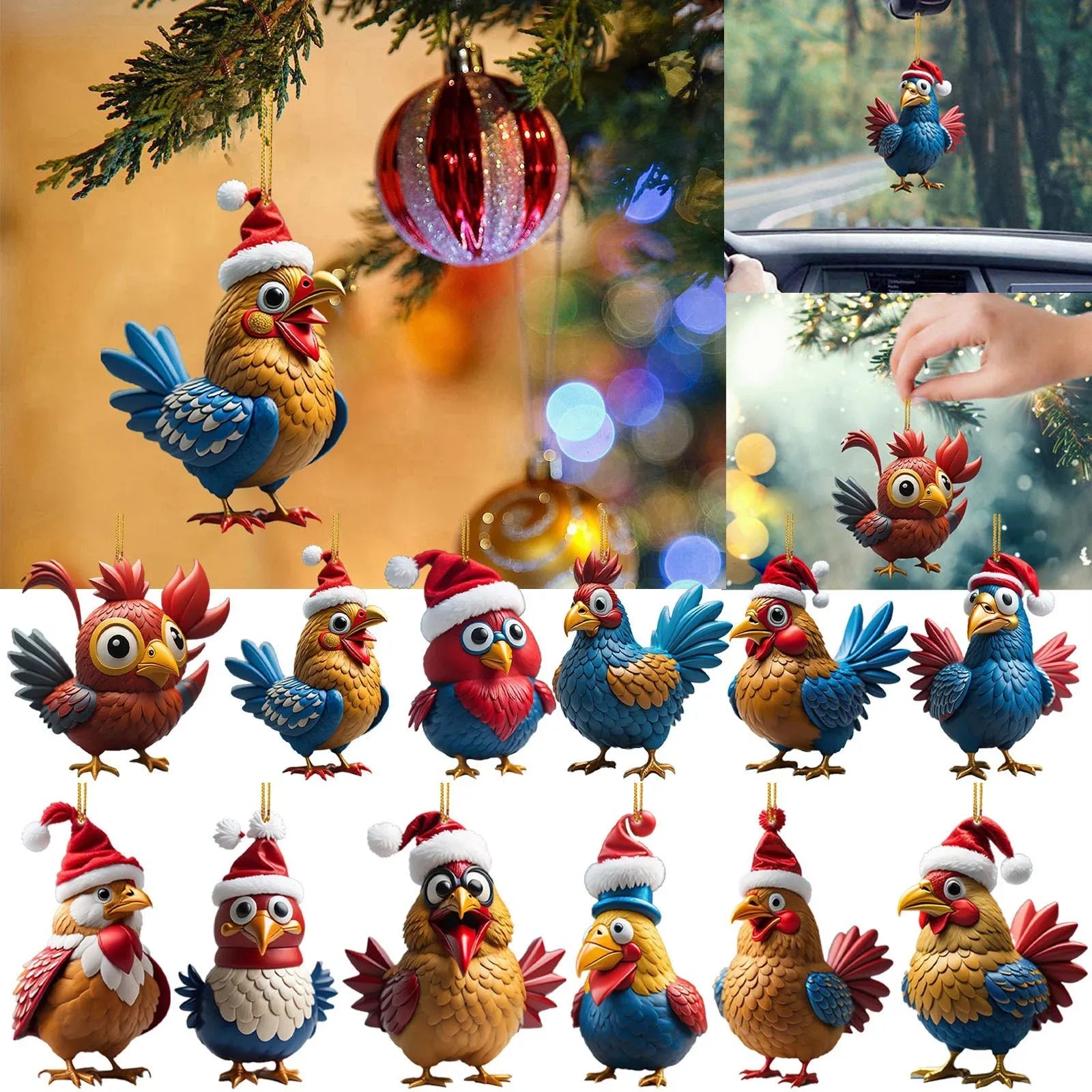 🎄12 Stuks🐓Kerstmuts kippen decoratie✨