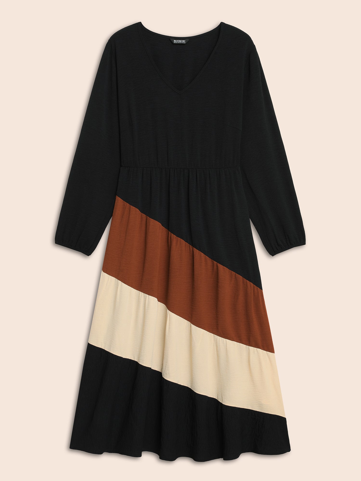 Colorblock Contrast Gathered Lantern Sleeve Dress