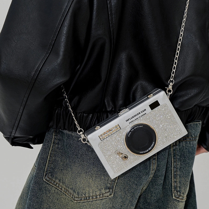 Women's Small Pu Leather Camera Vintage Style Rhinestone Lock Clasp Camera Bag