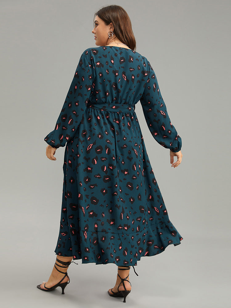 Allover Print Surplice Neck Flutter Trim Dress