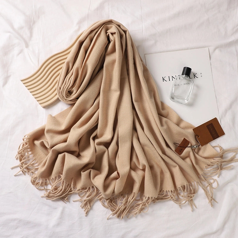 Solid Color Prickly Wool Scarf Women's 300g Ge Run Si Imitation Cashmere Thickened Scarf Japanese Style Plain Scarf For Autumn And Winter
