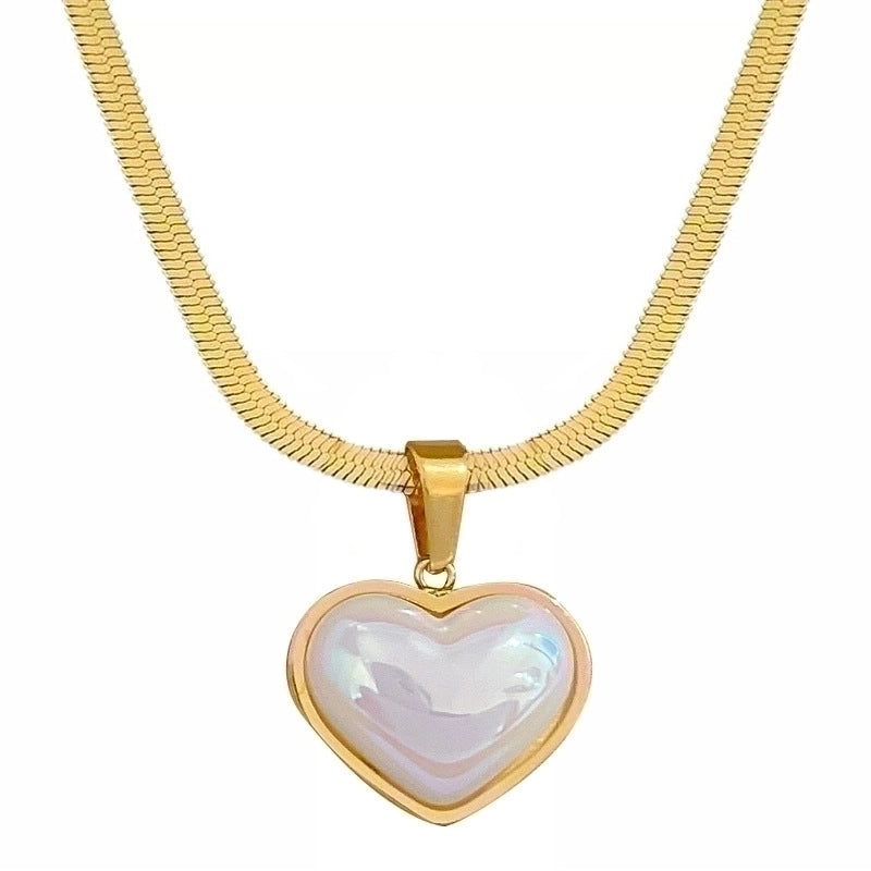 Minimalist Classic Style Heart Shape Titanium Steel Shell Inlay Pendant Necklace