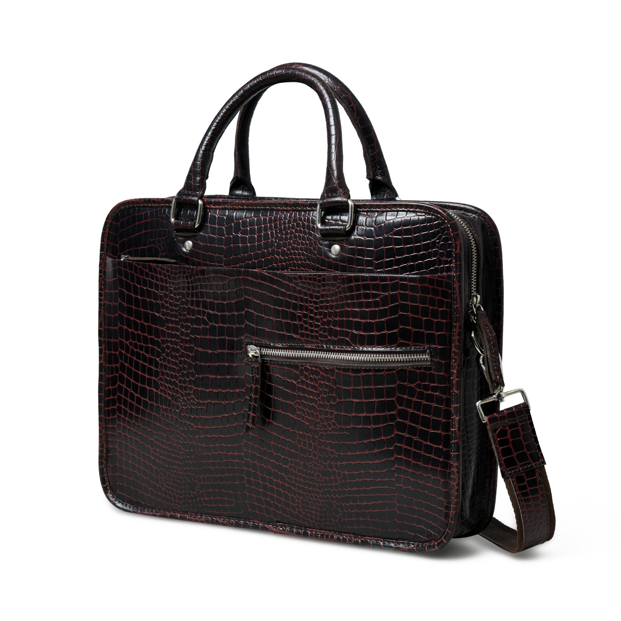Croco Leather Computer Bag. Dark Brown