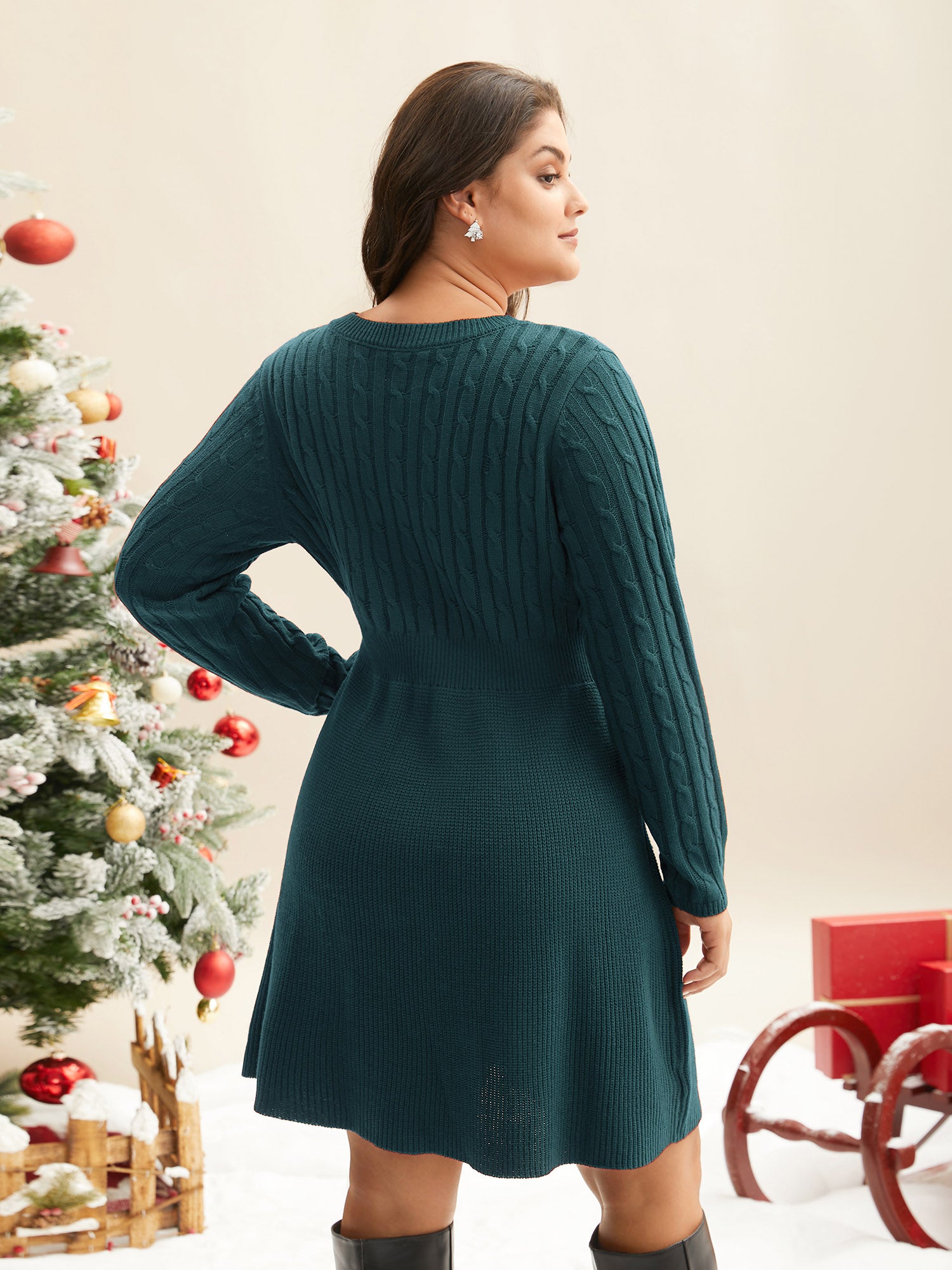 Cable Knit Fit-and-Flare Midi Sweater Dress