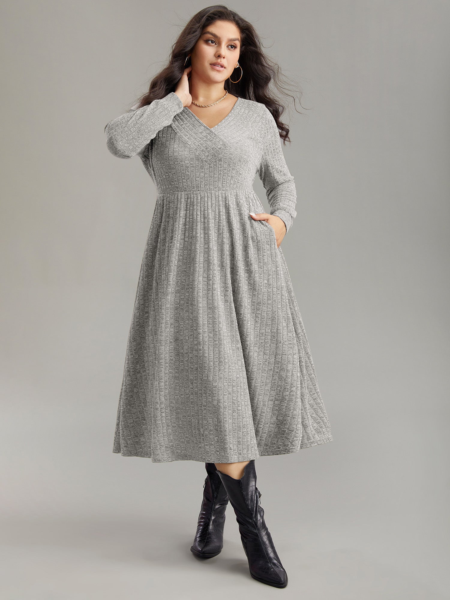 Rib Knit Plain Plisse Long Sleeve Dress