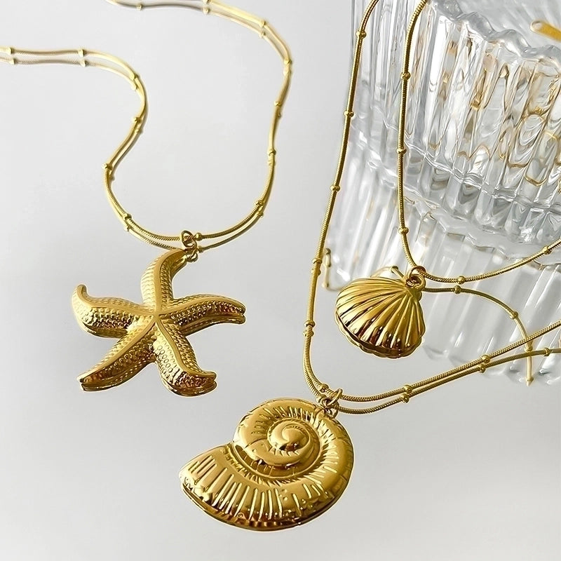 Marine Style Starfish Conch Shell 316L Stainless Steel  18K Gold Plated Pendant Necklace
