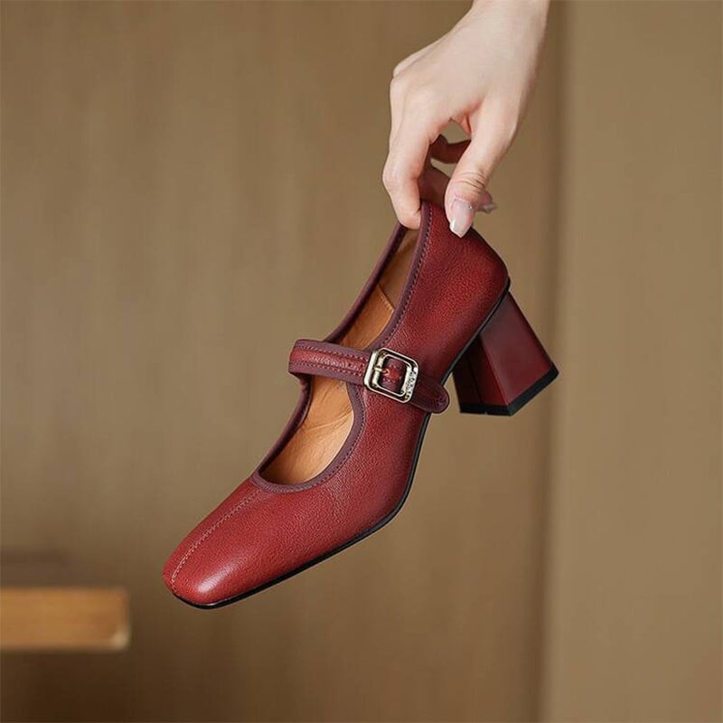 Vintage Sheepskin Square Toe 60mm Block Heel Mary Jane in Black/Wine Red