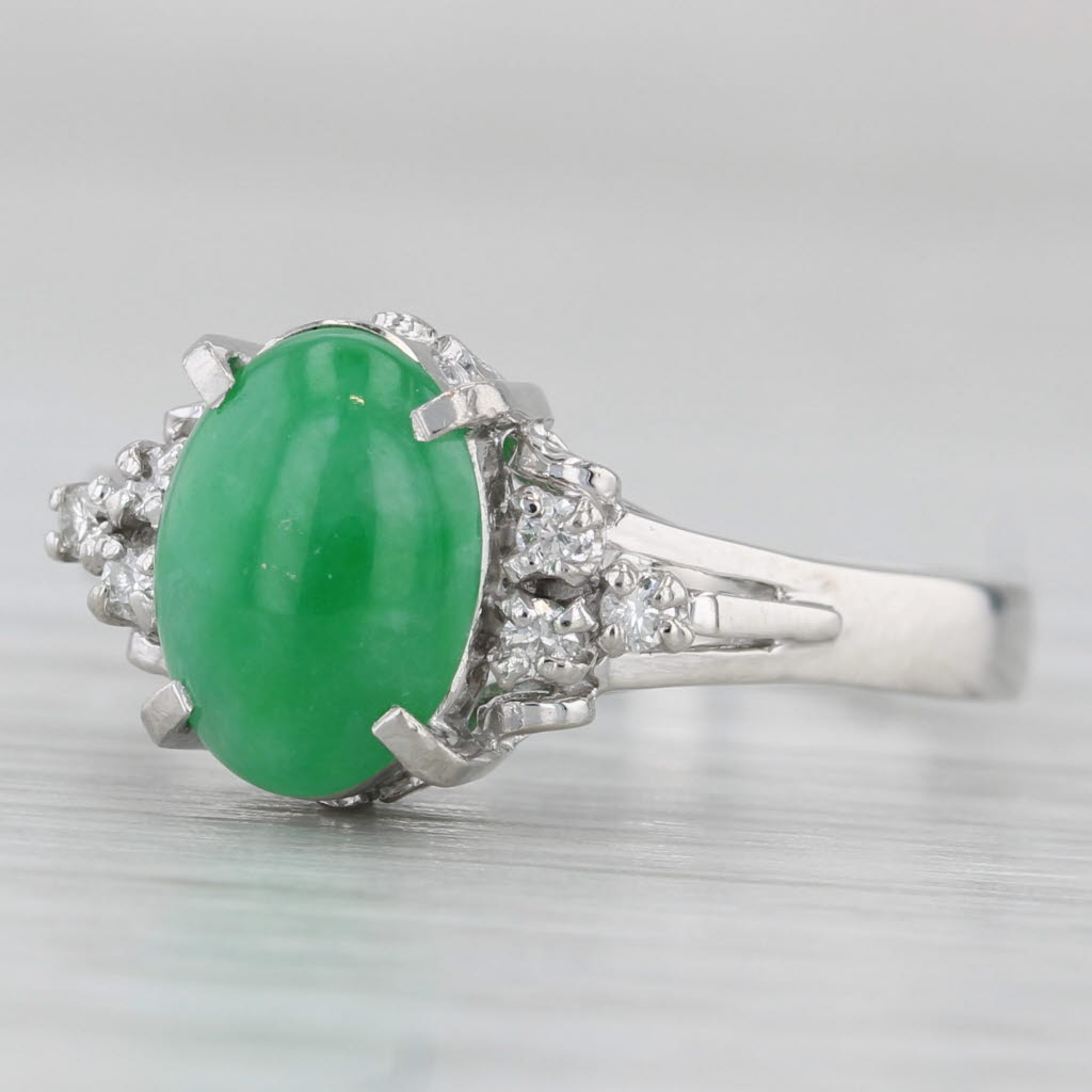 Green Oval Cabochon Jadeite Jade Diamond Ring 900 Platinum Size 7.5