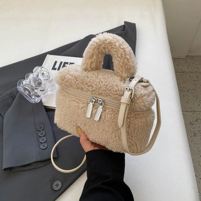 Women's Plush Solid Color Cute Square Zipper Shoulder Bag Handbag Crossbody Bag