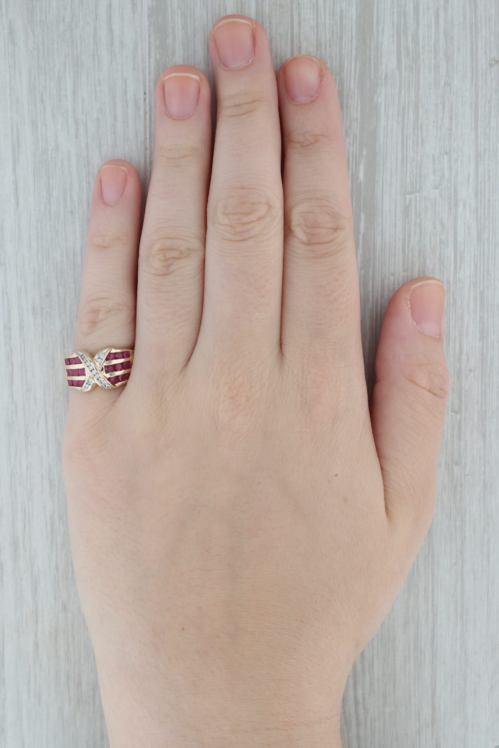 1.20ctw Diamond Ruby Cross Over Round Ring 14k Yellow Gold Size 7.25