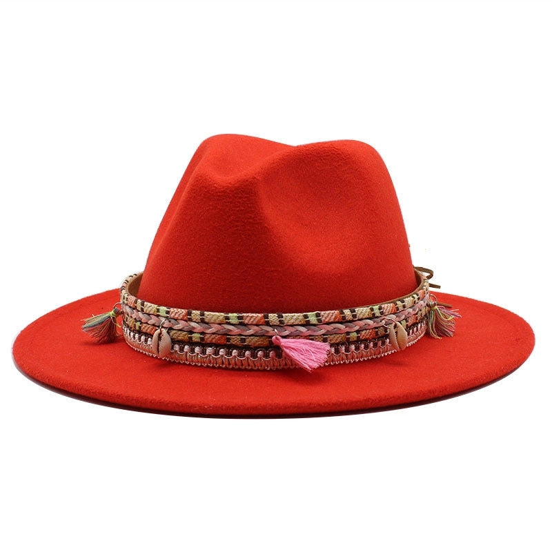Hot Sale Woolen Hat Tassel Ethnic Style Jazz Hat Retro Flat Brim Big Brim Hat