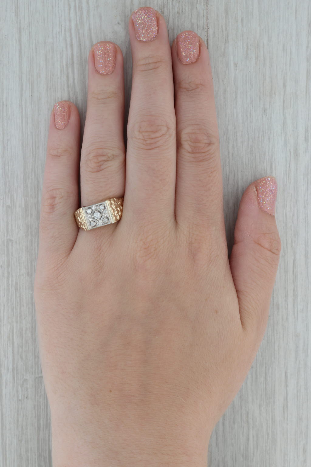 0.18ctw Diamond Cluster Men's Ring 10k Yellow White Gold Size 10.5 Nugget Band