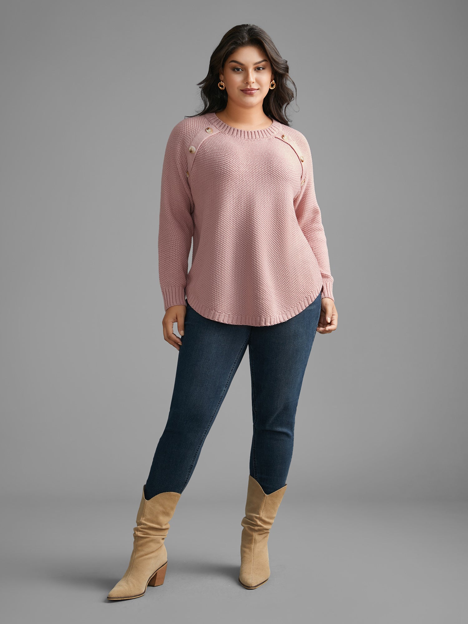 Plain Textured Button Detail Curved Hem Pullover