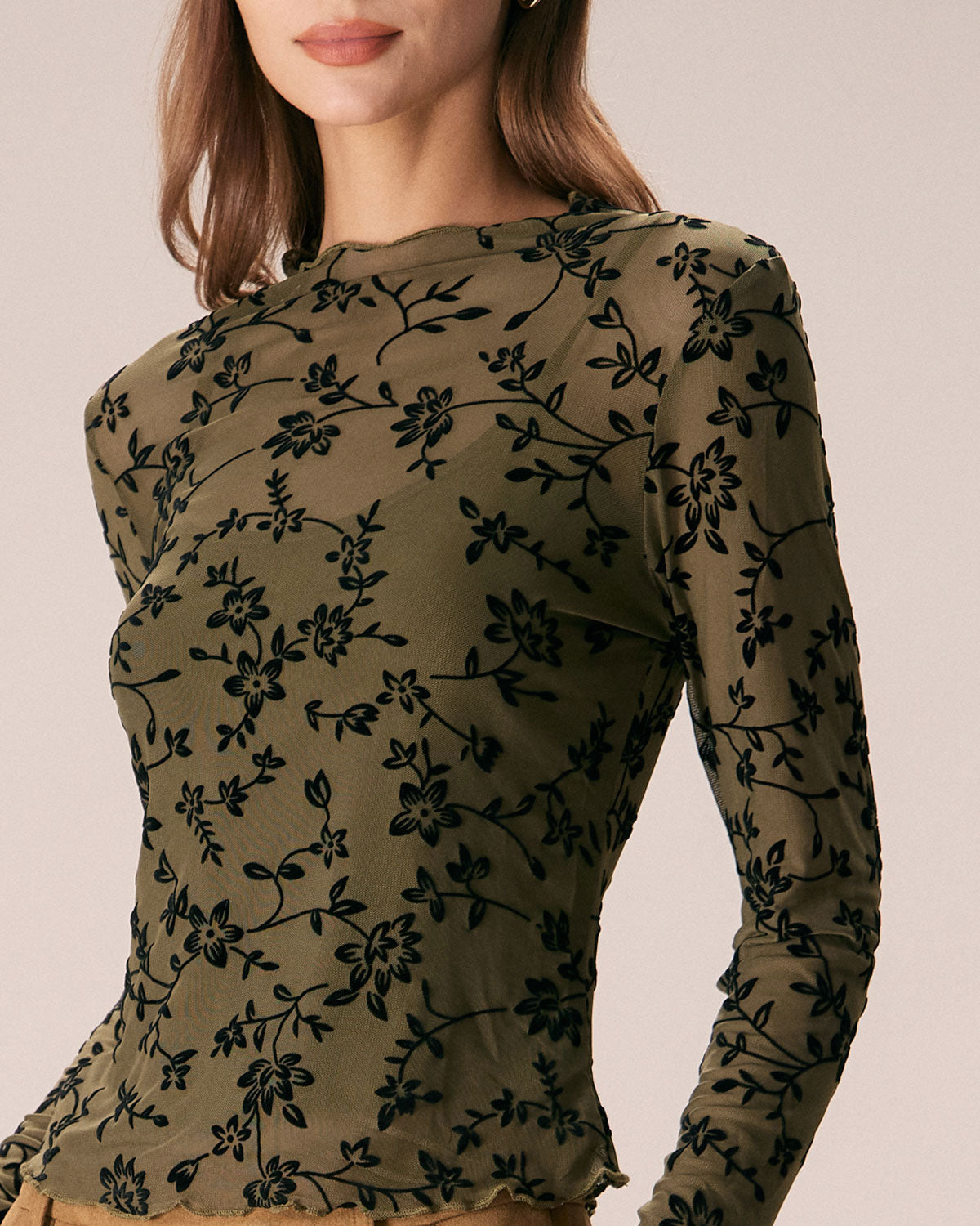 The Army Green Mesh Floral Blouse & Cami Top