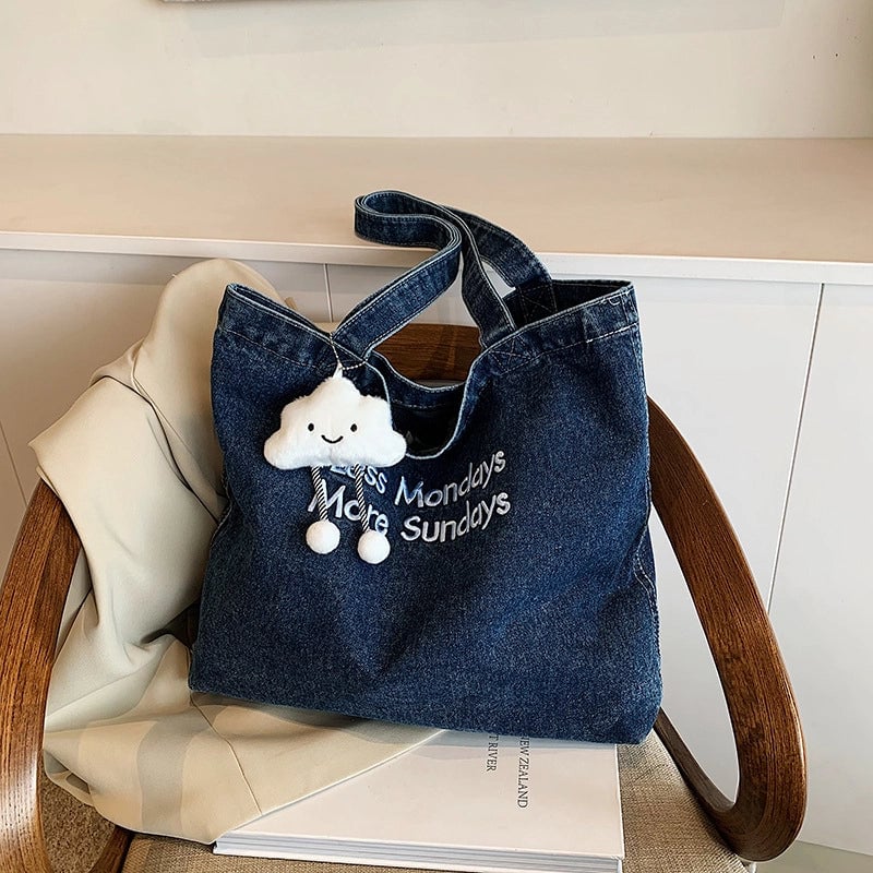 Women's Denim Letter Vintage Style Sewing Thread Square Magnetic Buckle Tote Bag