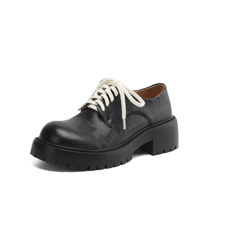 50mm Heel Vintage Waxed Cow Leather Chunky Oxford Shoes in Black/Brown