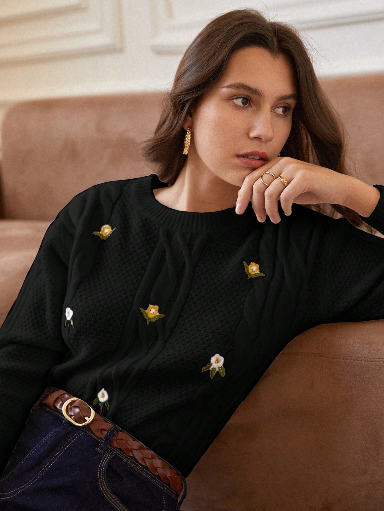 Frenchy Floral Embroidery Cable Knit Drop Shoulder Sweater