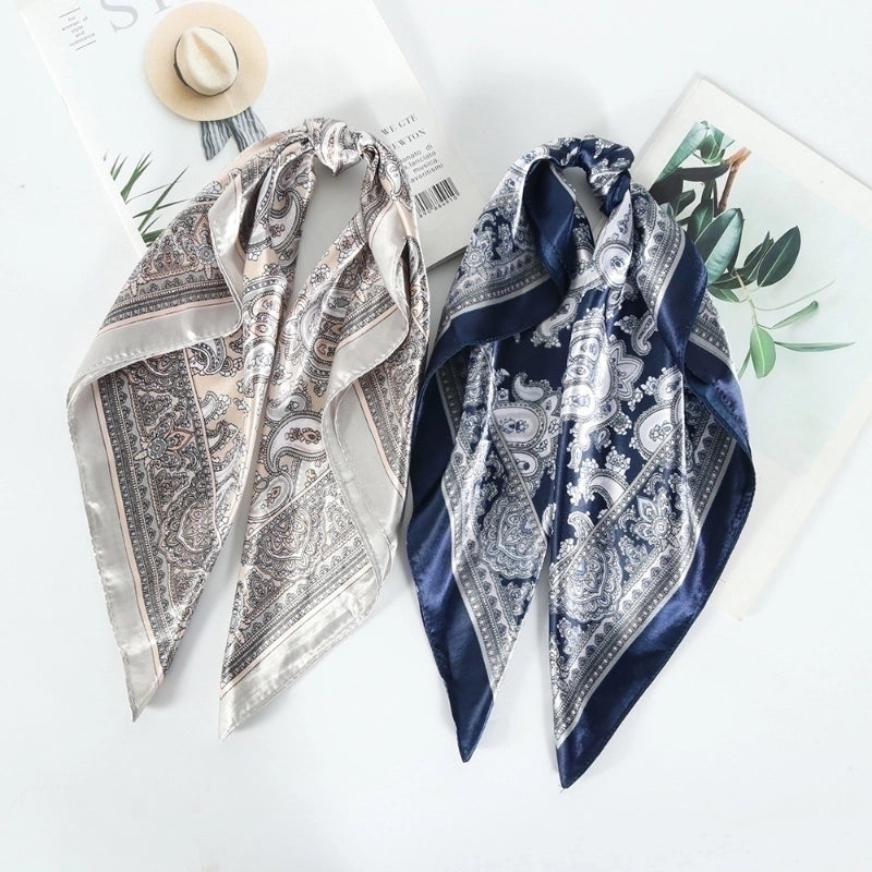 Women's Pastoral Color Block Cashew Nuts Satin Camellia Lily Flowers Silk Scarf