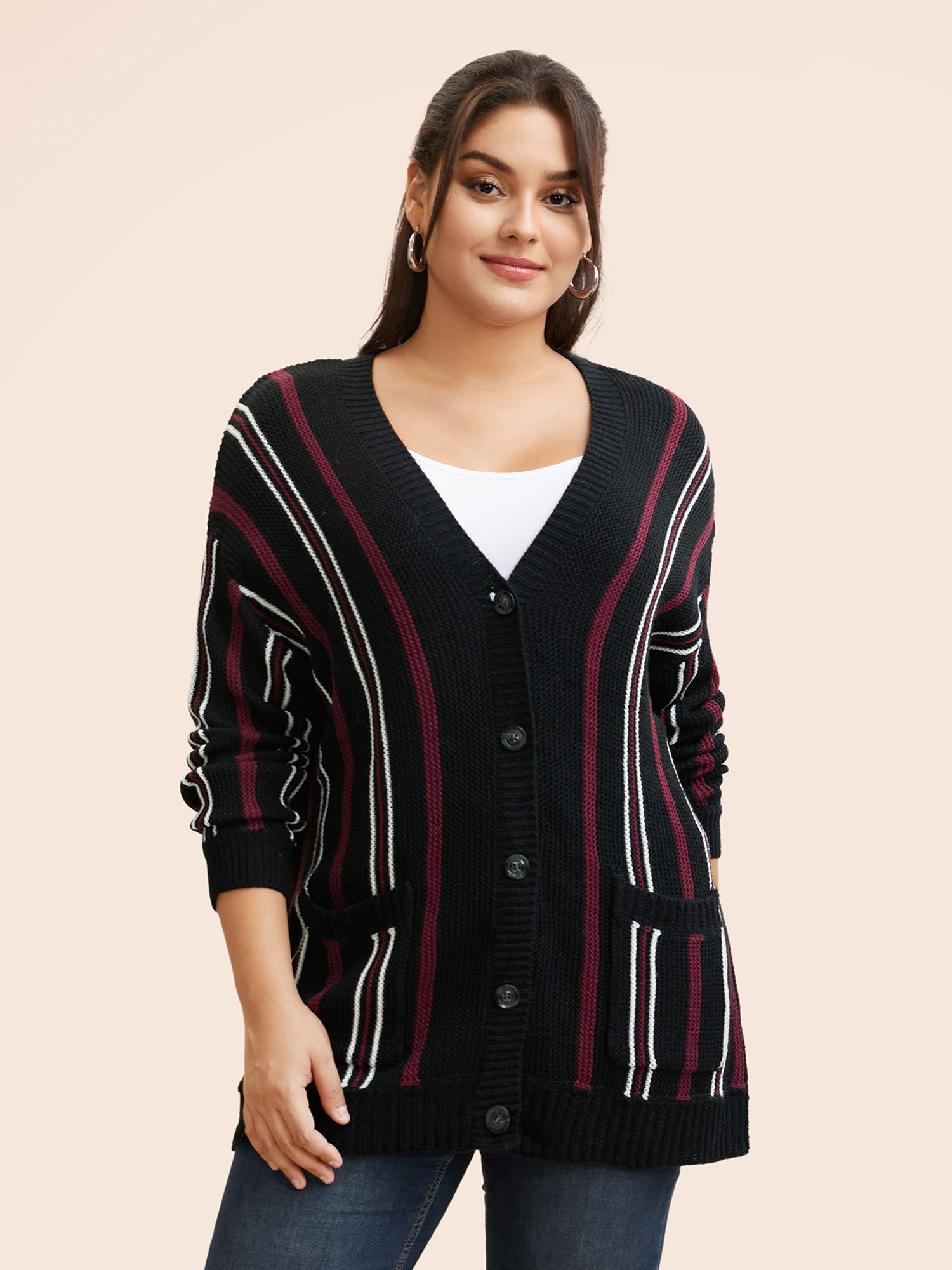 Striped Patched Pocket Drop Shoulder Cardigan