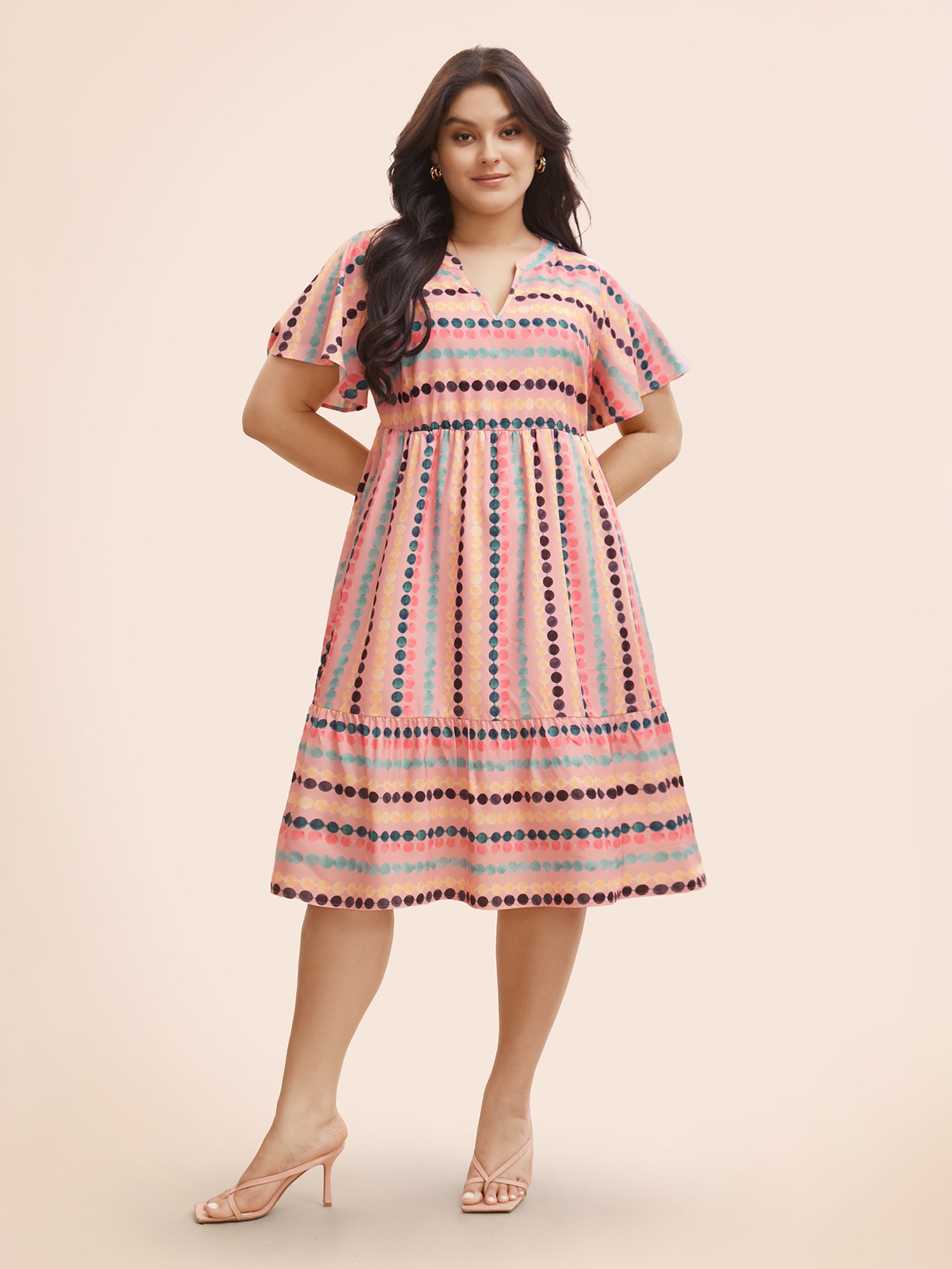 Dot Print Elastic Waist Split Neck Midi Dress